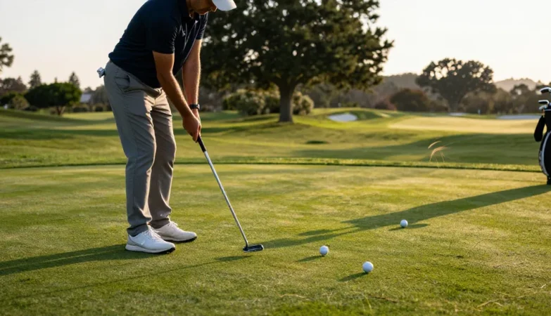 Meninjau ulasan putter di https://puttperfection.com/putter-reviews sambil berlatih di lapangan golf.